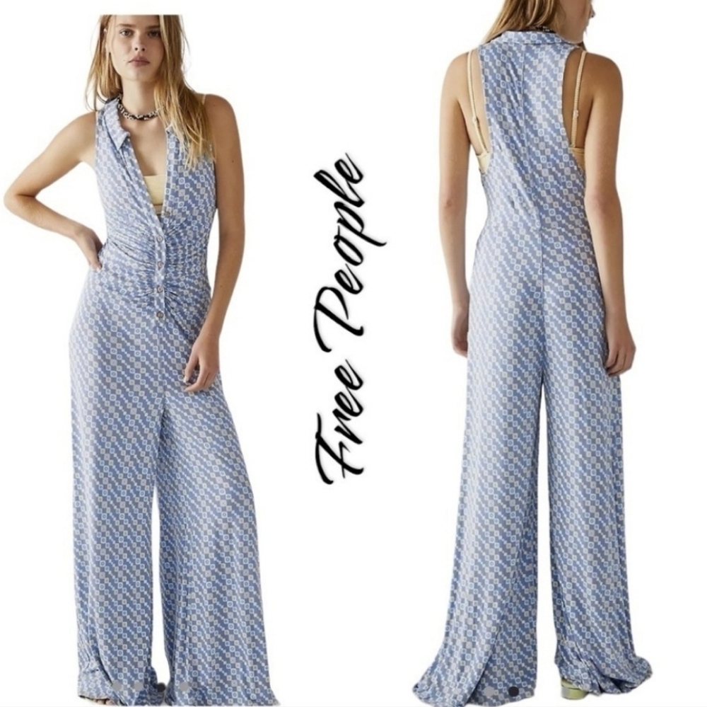 Free People Blue Wide Leg Sleeveless Romper, size Medium
